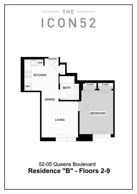Floor plan for 1 bed, 1 bath, 588 sqft